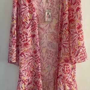 Charlie Paige sheer beach cover up kimono pink tropical S/M NWT